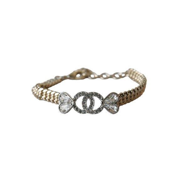 Chanel Crystal Strass CC Heart Chain Bracelet Gold - Picture 1 of 3